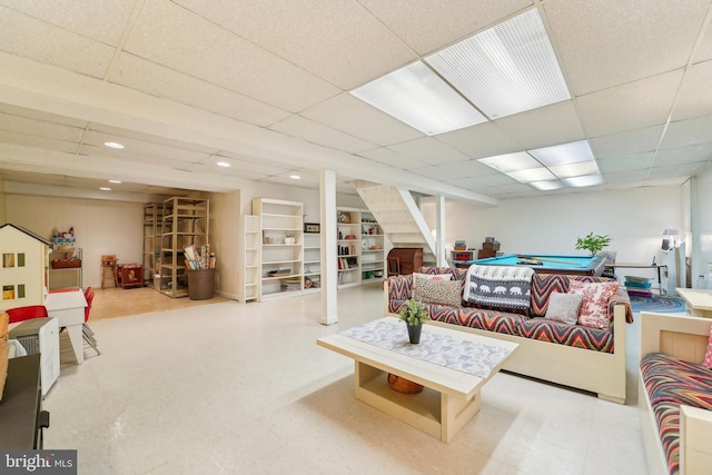 15320 Durant St, Silver Spring, MD 20905 - living room with a drop ceiling, tile patterned floors, recessed lighting, and billiards