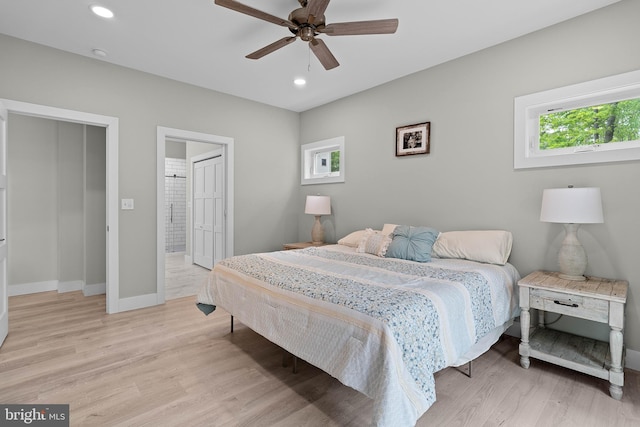 2645 Carribean Rd, Du Bois, PA 15801 - bedroom with light wood-style flooring, baseboards, recessed lighting, ensuite bath, and a ceiling fan