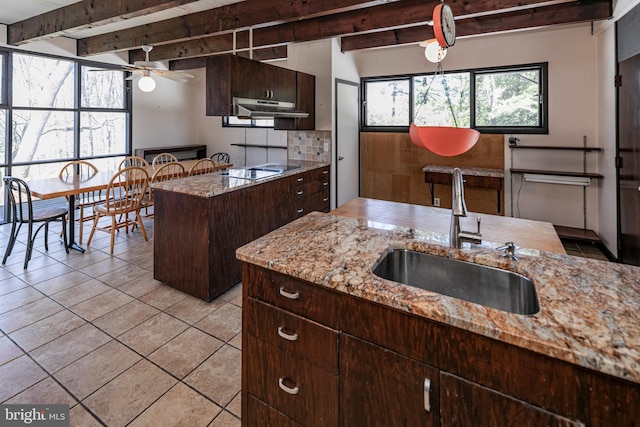 70 Heather Ln, Princeton, NJ 08540 - kitchen featuring a sink, beamed ceiling, light tile patterned floors, ceiling fan, and black electric stovetop