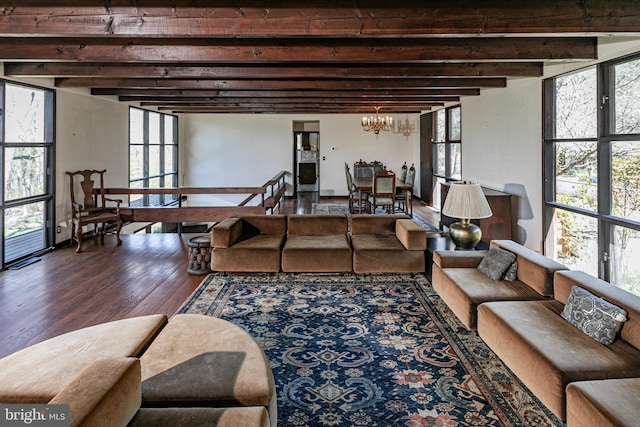 70 Heather Ln, Princeton, NJ 08540 - living area featuring wood finished floors, a chandelier, and beam ceiling
