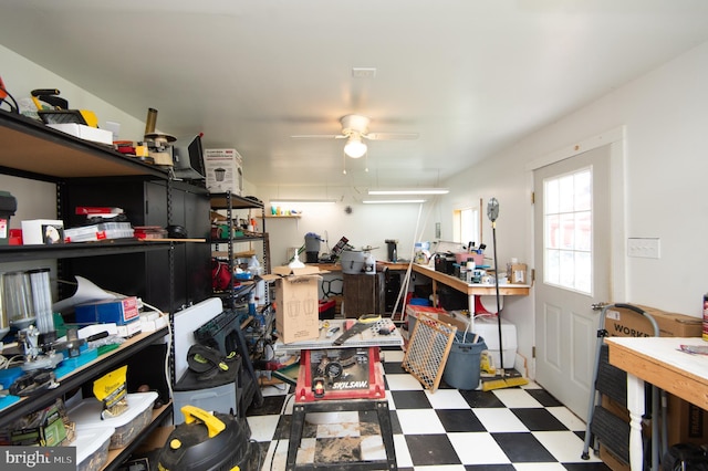 5294 Bucktown Rd, Cambridge, MD 21613 - interior space with a ceiling fan, tile patterned floors, and a workshop area
