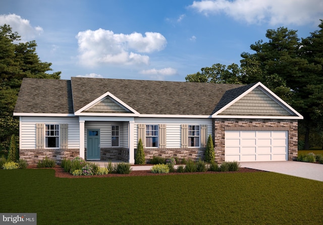 14794 Green View Dr, Elkton, VA 22827 - view of front of home featuring stone siding, a garage, driveway, and a front yard