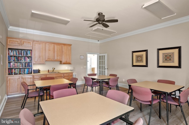 7305 Brookview Rd Unit 207, Elkridge, MD 21075 - dining space featuring attic access, wood finished floors, ornamental molding, baseboards, and ceiling fan