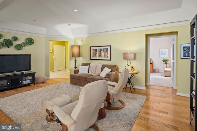 7305 Brookview Rd Unit 207, Elkridge, MD 21075 - living room featuring wood finished floors, baseboards, a tray ceiling, and crown molding