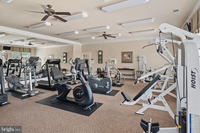 7305 Brookview Rd Unit 207, Elkridge, MD 21075 - gym featuring a ceiling fan, carpet floors, and ornamental molding