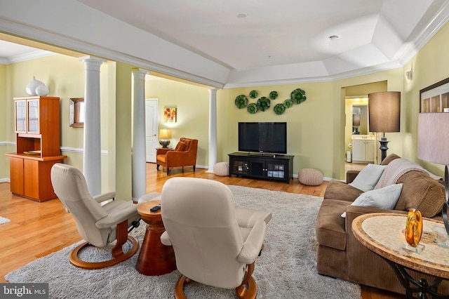 7305 Brookview Rd Unit 207, Elkridge, MD 21075 - living area featuring ornate columns, ornamental molding, wood finished floors, and baseboards