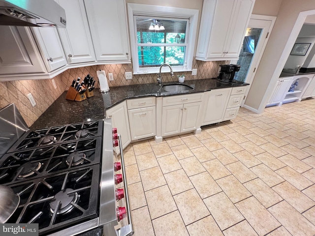 1027 Hart Rd, Baltimore, MD 21286 - kitchen with a sink, extractor fan, gas range, white cabinetry, and decorative backsplash