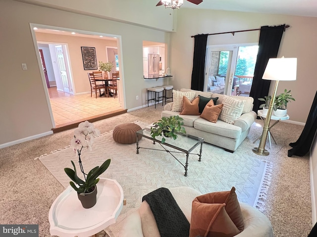1027 Hart Rd, Baltimore, MD 21286 - living room featuring carpet floors, ceiling fan, baseboards, and vaulted ceiling