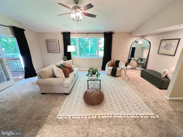 1027 Hart Rd, Baltimore, MD 21286 - carpeted living room with vaulted ceiling, a ceiling fan, and baseboards