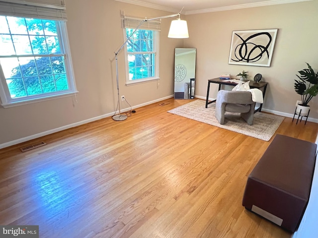 1027 Hart Rd, Baltimore, MD 21286 - living area featuring ornamental molding, wood finished floors, and baseboards