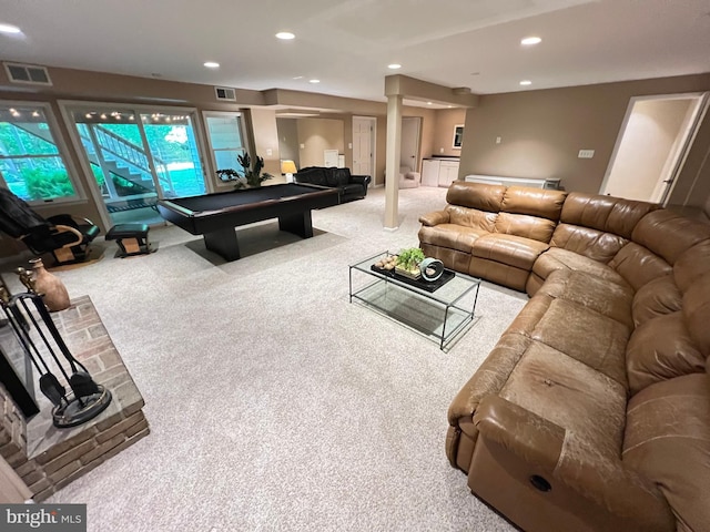 1027 Hart Rd, Baltimore, MD 21286 - carpeted living area featuring pool table, recessed lighting, and decorative columns