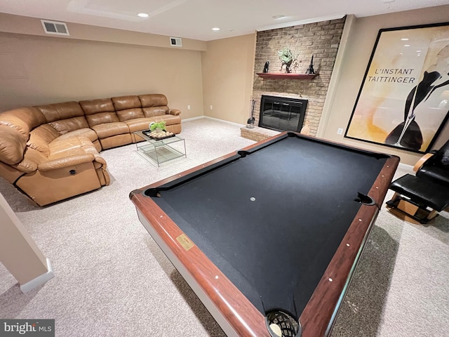1027 Hart Rd, Baltimore, MD 21286 - playroom featuring pool table, carpet flooring, a fireplace, baseboards, and recessed lighting