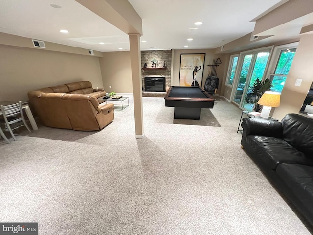 1027 Hart Rd, Baltimore, MD 21286 - recreation room featuring a large fireplace, carpet floors, billiards, and recessed lighting