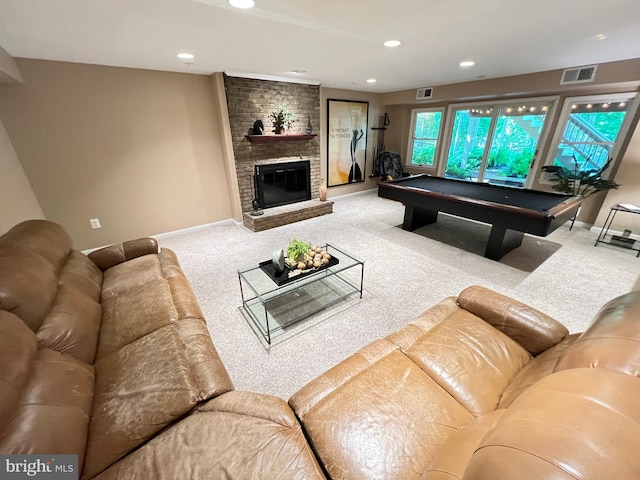 1027 Hart Rd, Baltimore, MD 21286 - living room with baseboards, recessed lighting, billiards, carpet floors, and a fireplace