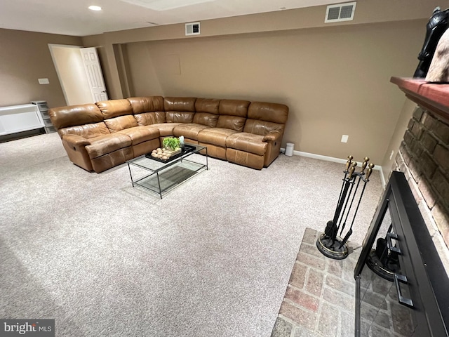 1027 Hart Rd, Baltimore, MD 21286 - carpeted living room with a fireplace with raised hearth, baseboards, and recessed lighting
