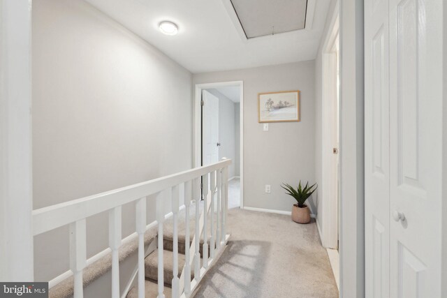 6842 Heatherway Ct, Alexandria, VA 22315 - corridor featuring light carpet, baseboards, and attic access