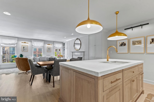 54 Wolfe St, Alexandria, VA 22314 - kitchen with a sink, light wood-style floors, open floor plan, decorative light fixtures, and light countertops