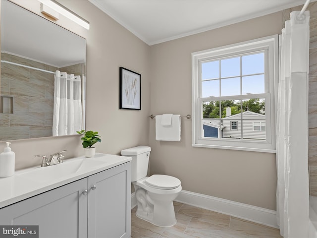 13214 Holdridge Rd, Silver Spring, MD 20906 - bathroom with vanity, baseboards, crown molding, toilet, and a shower with shower curtain