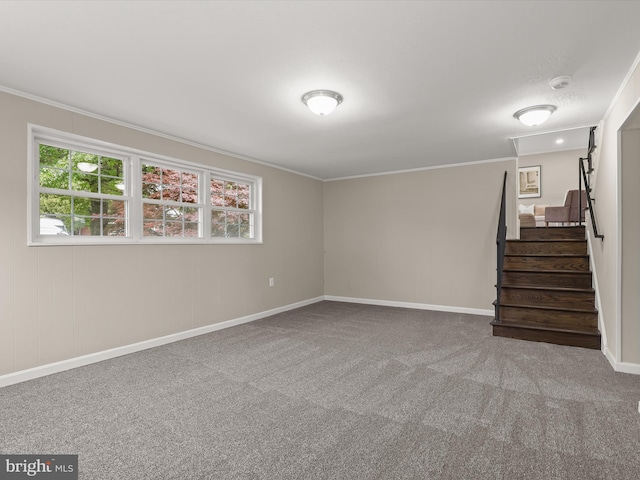 13214 Holdridge Rd, Silver Spring, MD 20906 - unfurnished room with carpet floors, stairway, baseboards, crown molding, and a smoke detector