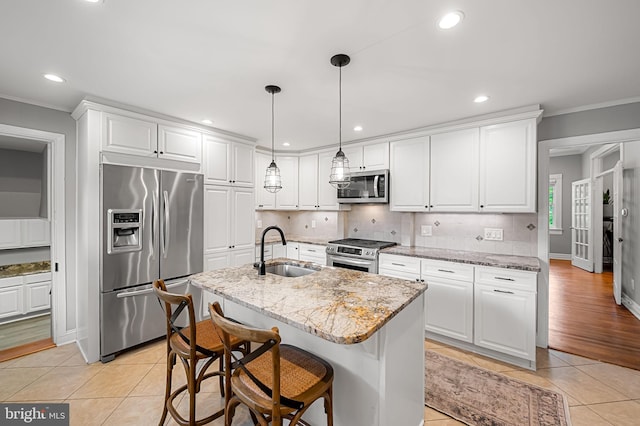 1602 S Rolling Rd, Halethorpe, MD 21227 - kitchen featuring appliances with stainless steel finishes, a sink, ornamental molding, light tile patterned flooring, and white cabinets