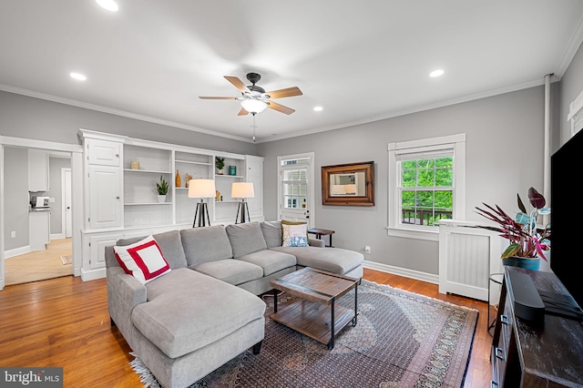 1602 S Rolling Rd, Halethorpe, MD 21227 - living room with ceiling fan, ornamental molding, wood finished floors, baseboards, and recessed lighting