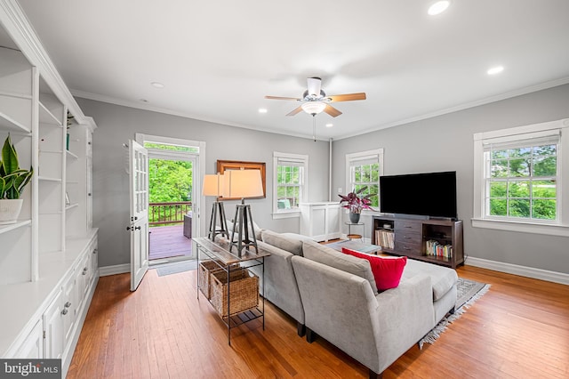 1602 S Rolling Rd, Halethorpe, MD 21227 - living area featuring baseboards, ceiling fan, light wood-style flooring, recessed lighting, and ornamental molding