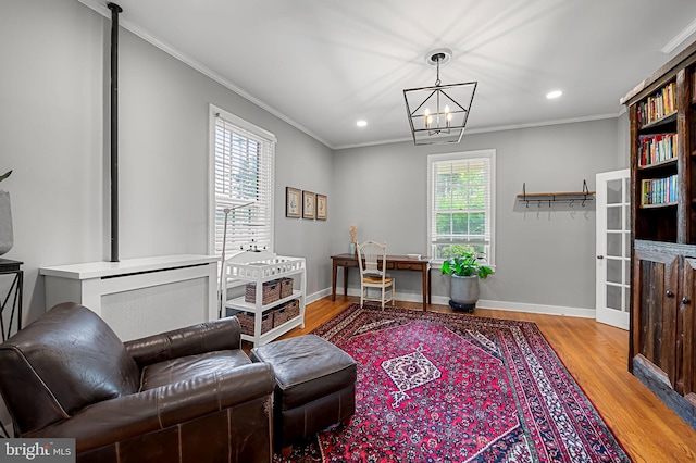 1602 S Rolling Rd, Halethorpe, MD 21227 - home office featuring wood finished floors, ornamental molding, a chandelier, recessed lighting, and baseboards