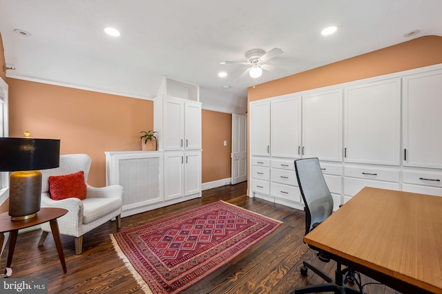 1602 S Rolling Rd, Halethorpe, MD 21227 - home office with a ceiling fan, dark wood-style floors, recessed lighting, and baseboards