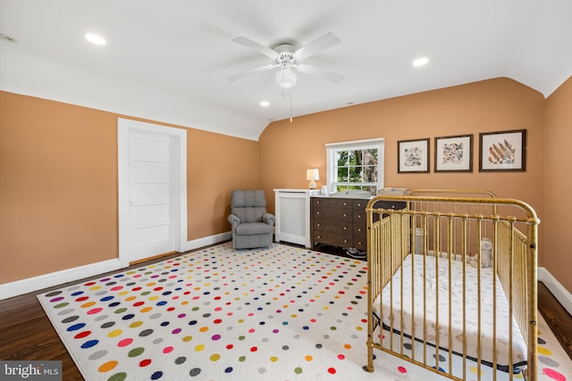 1602 S Rolling Rd, Halethorpe, MD 21227 - bedroom with lofted ceiling, baseboards, a crib, recessed lighting, and ceiling fan
