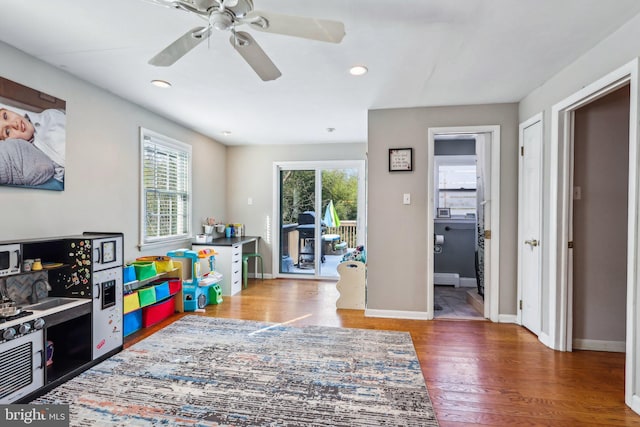 228 Balligomingo Rd, Conshohocken, PA 19428 - rec room featuring wood finished floors, baseboards, ceiling fan, and recessed lighting