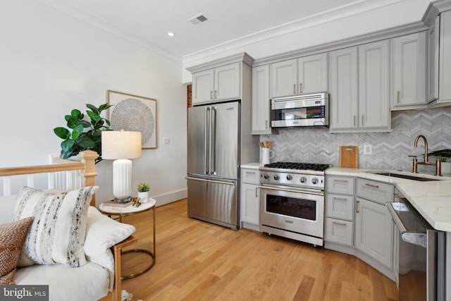408 M St NW Unit 4, Washington, DC 20001 - kitchen featuring premium appliances, gray cabinets, a sink, light wood-type flooring, and decorative backsplash