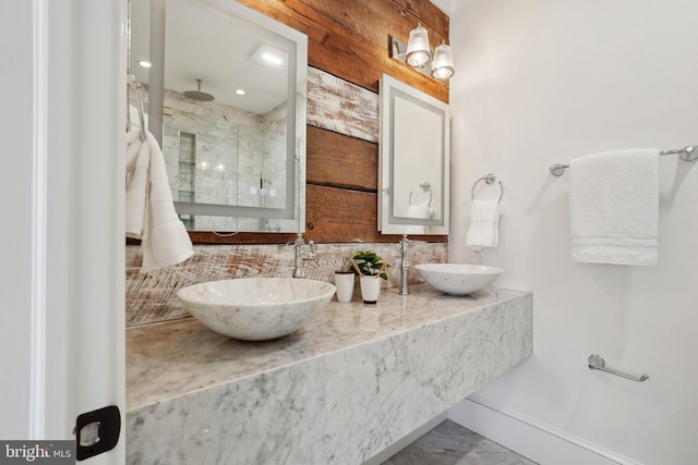 408 M St NW Unit 4, Washington, DC 20001 - full bath with a marble finish shower, backsplash, double vanity, marble finish floors, and baseboards