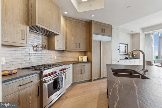 1881 N Nash St Unit 2309, Arlington, VA 22209 - kitchen with a sink, high end appliances, light wood finished floors, tasteful backsplash, and recessed lighting