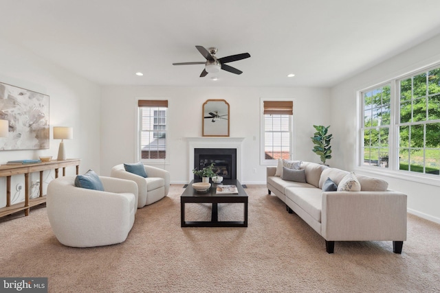 42322 Rising Moon Pl, Brambleton, VA 20148 - living room with plenty of natural light, carpet, ceiling fan, recessed lighting, and baseboards
