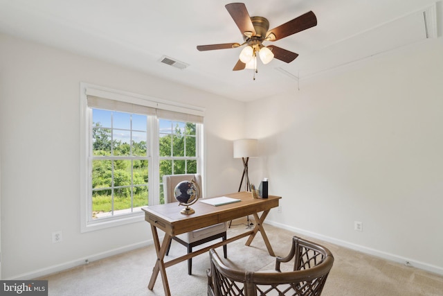 42322 Rising Moon Pl, Brambleton, VA 20148 - office with baseboards, healthy amount of natural light, attic access, and light carpet