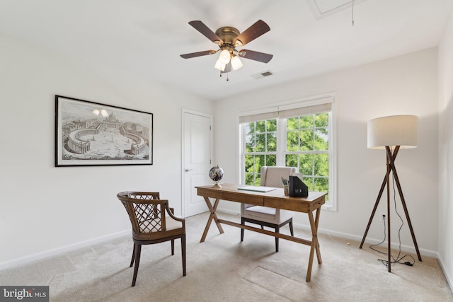 42322 Rising Moon Pl, Brambleton, VA 20148 - office area with attic access, baseboards, light colored carpet, and ceiling fan