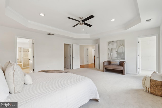 42322 Rising Moon Pl, Brambleton, VA 20148 - bedroom with a tray ceiling, recessed lighting, ornamental molding, light colored carpet, and ensuite bathroom