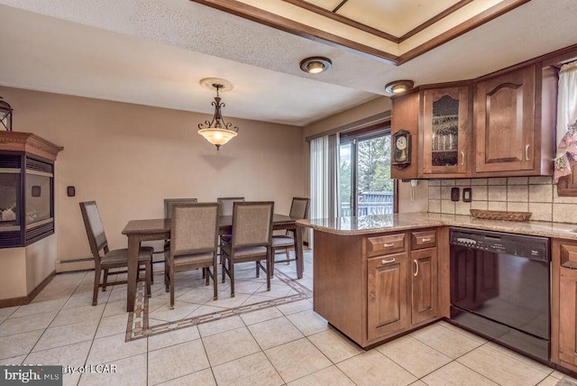 691 Harvey St, West Hazleton, PA 18202 - kitchen with black dishwasher, light tile patterned floors, tasteful backsplash, a peninsula, and glass insert cabinets