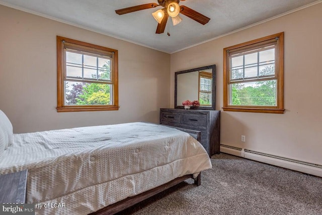 691 Harvey St, West Hazleton, PA 18202 - bedroom featuring multiple windows, carpet, ornamental molding, a baseboard radiator, and ceiling fan