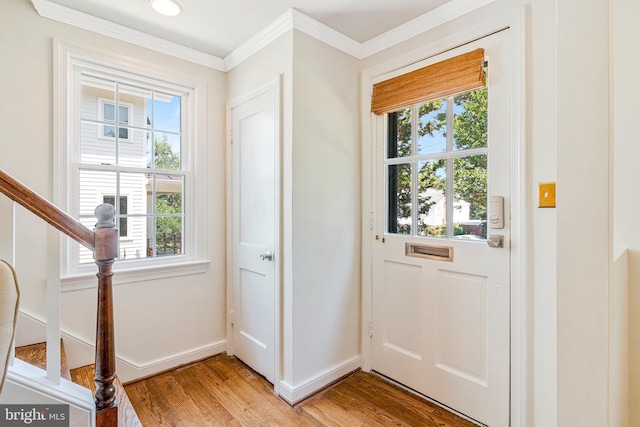 970 N Longfellow St, Arlington, VA 22205 - doorway to outside featuring light wood-type flooring, crown molding, and stairs