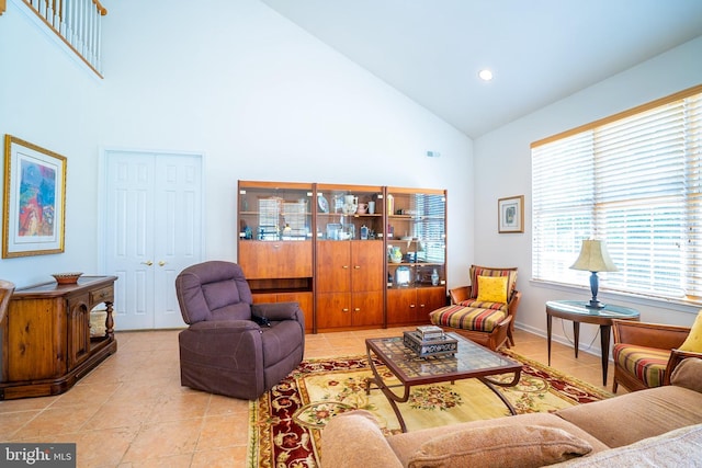 6 Galileo Dr, Cranbury, NJ 08512 - living area with high vaulted ceiling, light tile patterned floors, and recessed lighting