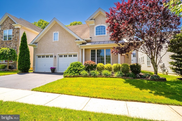 6 Galileo Dr, Cranbury, NJ 08512 - traditional home with a standing seam roof, asphalt driveway, a front yard, and stucco siding