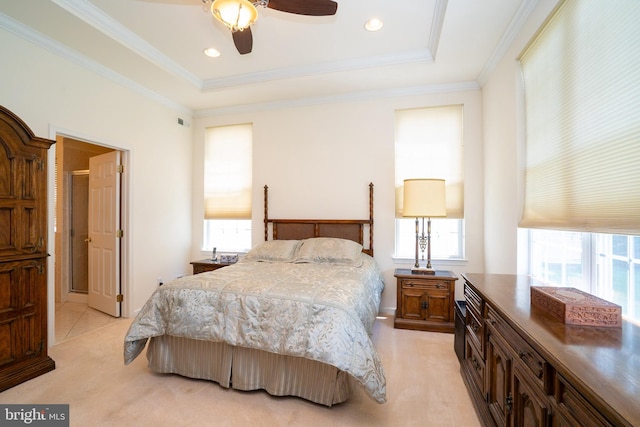 6 Galileo Dr, Cranbury, NJ 08512 - bedroom featuring light colored carpet, a raised ceiling, ornamental molding, and a ceiling fan