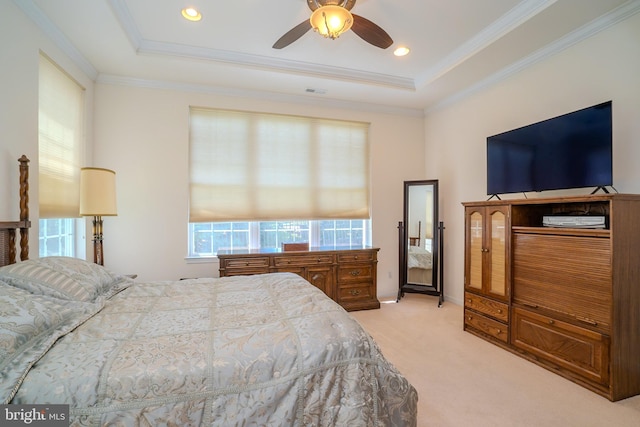 6 Galileo Dr, Cranbury, NJ 08512 - bedroom with light carpet, a tray ceiling, ornamental molding, a ceiling fan, and recessed lighting