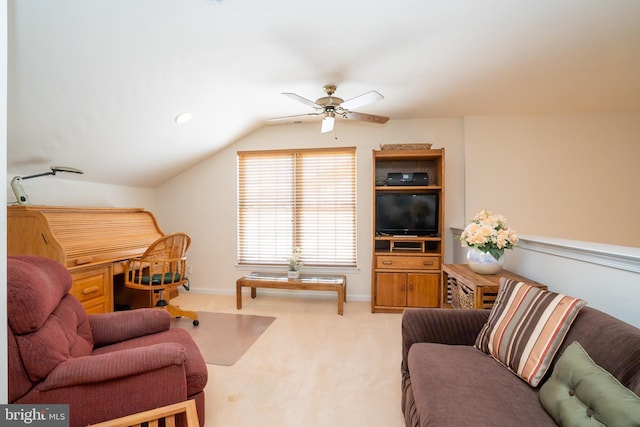 6 Galileo Dr, Cranbury, NJ 08512 - living area with carpet, a ceiling fan, vaulted ceiling, and baseboards