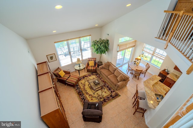 6 Galileo Dr, Cranbury, NJ 08512 - tiled living room with recessed lighting and a high ceiling