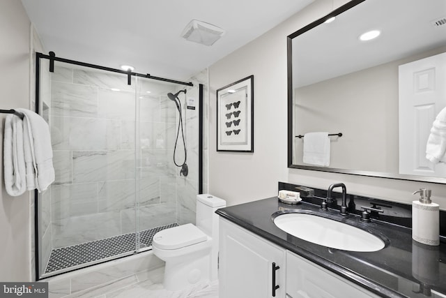 5050 7th Rd S Unit 201, Arlington, VA 22204 - full bath with marble finish flooring, toilet, vanity, a stall shower, and recessed lighting