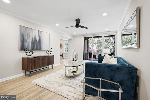 5050 7th Rd S Unit 201, Arlington, VA 22204 - living room with recessed lighting, wood finished floors, ornamental molding, baseboards, and a ceiling fan
