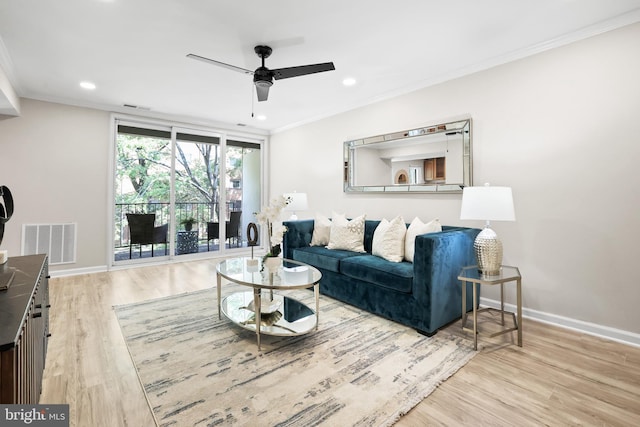 5050 7th Rd S Unit 201, Arlington, VA 22204 - living area with a ceiling fan, crown molding, wood finished floors, recessed lighting, and baseboards