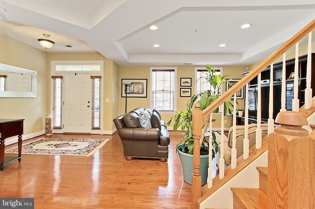 120 Fortnightly Blvd, Herndon, VA 20170 - foyer entrance featuring wood finished floors, stairway, recessed lighting, a raised ceiling, and baseboards